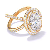 Gold Oval Engagement Ring with a Double Halo Axis Pave Setting