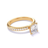 ASSCHER CUT DIAMOND ENGAGEMENT RING WITH A CLASSIC 4 PRONG THREE PHASES PAVE SETTING IN 18K YELLOW GOLD