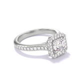 ASSCHER CUT DIAMOND ENGAGEMENT RING WITH A WRAPPED HALO THREE PHASES PAVE SETTING IN PLATINUM