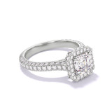 ASSCHER CUT DIAMOND ENGAGEMENT RING WITH A WRAPPED HALO THREE PHASES TRIPLE PAVE SETTING IN PLATINUM