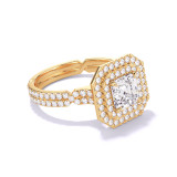 ASSCHER CUT DIAMOND ENGAGEMENT RING WITH A DOUBLE HALO CHANCE PAVE SETTING IN 18K YELLOW GOLD