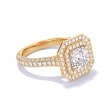 ASSCHER CUT DIAMOND ENGAGEMENT RING WITH A DOUBLE HALO THREE PHASES TRIPLE PAVE SETTING IN 18K YELLOW GOLD