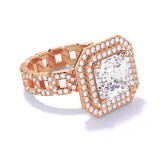 Asscher Cut Engagement Ring with a Double Halo on a Pave 16 Link band in rose gold