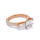 ASSCHER CUT DIAMOND ENGAGEMENT RING WITH A BAGUETTE FLANK THREE PHASES TRIPLE PAVE SETTING IN 18K ROSE GOLD