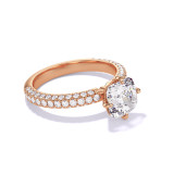 CUSHION CUT DIAMOND ENGAGEMENT RING WITH A COMPASS 4 PRONG THREE PHASES TRIPLE PAVE SETTING IN 18K ROSE GOLD