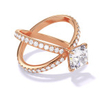 CUSHION CUT DIAMOND ENGAGEMENT RING WITH A CLASSIC 4 PRONG AXIS PAVE SETTING IN 18K ROSE GOLD