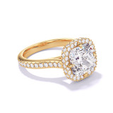 Cushion Cut Halo Engagement Ring on a One row pave Three Phases Band in Gold