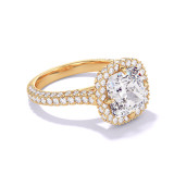 Cushion Cut Halo Engagement Ring on a Three Row Pave Band in Gold