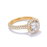 CUSHION CUT DIAMOND ENGAGEMENT RING WITH A WRAPPED HALO THREE PHASES TRIPLE PAVE SETTING IN 18K YELLOW GOLD