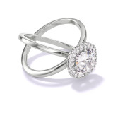 CUSHION CUT DIAMOND ENGAGEMENT RING WITH A WRAPPED HALO AXIS SETTING IN PLATINUM