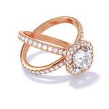 CUSHION CUT DIAMOND ENGAGEMENT RING WITH A WRAPPED HALO AXIS PAVE SETTING IN 18K ROSE GOLD