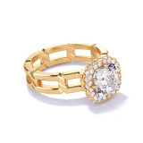 CUSHION CUT DIAMOND ENGAGEMENT RING WITH A WRAPPED HALO 8 LINKS SETTING IN 18K YELLOW GOLD