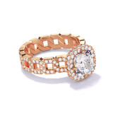 CUSHION CUT DIAMOND ENGAGEMENT RING WITH A WRAPPED HALO 16 PAVE LINKS SETTING IN 18K ROSE GOLD