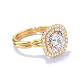 CUSHION CUT DIAMOND ENGAGEMENT RING WITH A DOUBLE HALO CHANCE SETTING IN 18K YELLOW GOLD