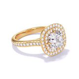 CUSHION CUT DIAMOND ENGAGEMENT RING WITH A DOUBLE HALO THREE PHASES PAVE SETTING IN 18K YELLOW GOLD