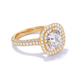 CUSHION CUT DIAMOND ENGAGEMENT RING WITH A DOUBLE HALO THREE PHASES TRIPLE PAVE SETTING IN 18K YELLOW GOLD