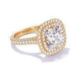 Gold Cushion Cut Double Halo Engagement Ring on a Three Phases Triple Pave Band