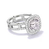 CUSHION CUT DIAMOND ENGAGEMENT RING WITH A DOUBLE HALO 8 PAVE LINKS SETTING IN PLATINUM