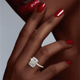 Emerald Cut Solitaire Diamond Engagement Ring on a Rose Gold Three Phases Pave Setting on hand