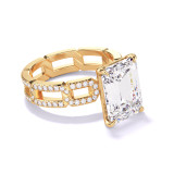 Wide Band Emerald Cut Engagement Rings, Emerald Cut Solitaire on a pave links band in yellow gold
