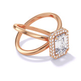 EMERALD CUT DIAMOND ENGAGEMENT RING WITH A WRAPPED HALO AXIS SETTING IN 18K ROSE GOLD