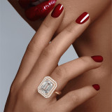 Double Halo Emerald Cut Ring on hand