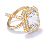 Emerald Cut Diamond Double Halo Ring on a Gold Axis Pave Setting