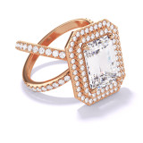 Emerald Cut Diamond Double Halo Ring with a Rose Gold Axis Pave Setting