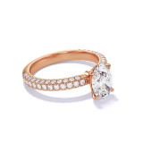 OVAL CUT DIAMOND ENGAGEMENT RING WITH A CLASSIC 4 PRONG THREE PHASES TRIPLE PAVE SETTING IN 18K ROSE GOLD