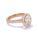 OVAL CUT DIAMOND ENGAGEMENT RING WITH A WRAPPED HALO THREE PHASES TRIPLE PAVE SETTING IN 18K ROSE GOLD