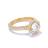 ROUND CUT DIAMOND ENGAGEMENT RING WITH AN OCTAGON HALO THREE PHASES TRIPLE PAVE SETTING IN 18K YELLOW GOLD