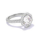 ROUND CUT DIAMOND ENGAGEMENT RING WITH AN OCTAGON HALO THREE PHASES TRIPLE PAVE SETTING IN PLATINUM