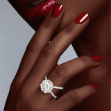 Platinum Round Engagement Ring with an Octagon Halo Axis Pave Setting on hand
