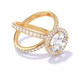 Gold Round Engagement Ring with a Wrapped Halo Axis Pave Setting