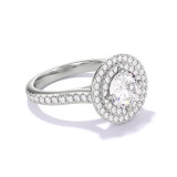 ROUND CUT DIAMOND ENGAGEMENT RING WITH A DOUBLE HALO THREE PHASES PAVE SETTING IN PLATINUM