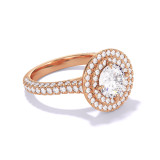 ROUND CUT DIAMOND ENGAGEMENT RING WITH A DOUBLE HALO THREE PHASES TRIPLE PAVE SETTING IN 18K ROSE GOLD