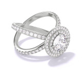 ROUND CUT DIAMOND ENGAGEMENT RING WITH A DOUBLE HALO AXIS PAVE SETTING IN PLATINUM