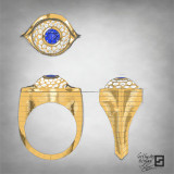 Diamond and sapphire evil eye ring design in 18k yellow gold