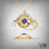 gold and diamond eye of horus necklace with sapphire in 18k yellow gold