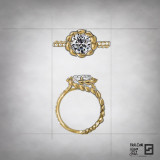 engagement ring with gold laurel wreath halo and round diamond center stone in 18 karat gold