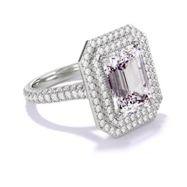 Emerald Cut Diamond Double Halo Ring with a Platinum Triple Pave Setting