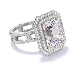 Emerald Cut Double Halo Engagement Ring with a Platinum 8 Link Band