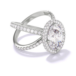 Platinum Oval Engagement Ring with a Wrapped Halo Axis Pave Setting