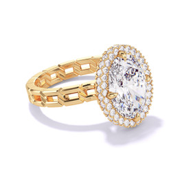 Oval Diamond Wrapped Halo Engagement Ring set on a 16 chain link ring band in yellow gold