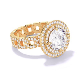 Gold Round Engagement Ring with a Double Halo Pave 16 Link Setting