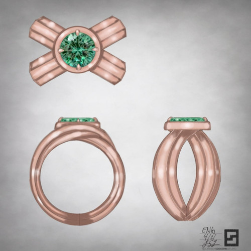 Sculptural Three Phases Rose Gold Emerald Ring on an Axis Band