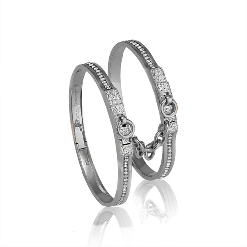 oath double cuff bracelets in white gold with black rhodium with pave diamond row and pave latch; pave diamond cuff bracelets
