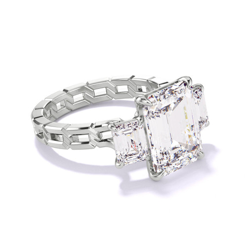 Platinum Emerald Cut Three Stone Engagement Ring on a 16 Links Band