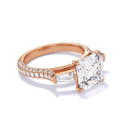 Rose Gold Asscher Cut Engagement Ring with Baguette Diamond Setting on pave band