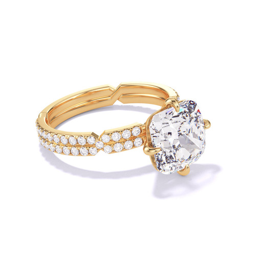 cushion cut compass 4 prong engagement ring on a pave Chance band in yellow gold